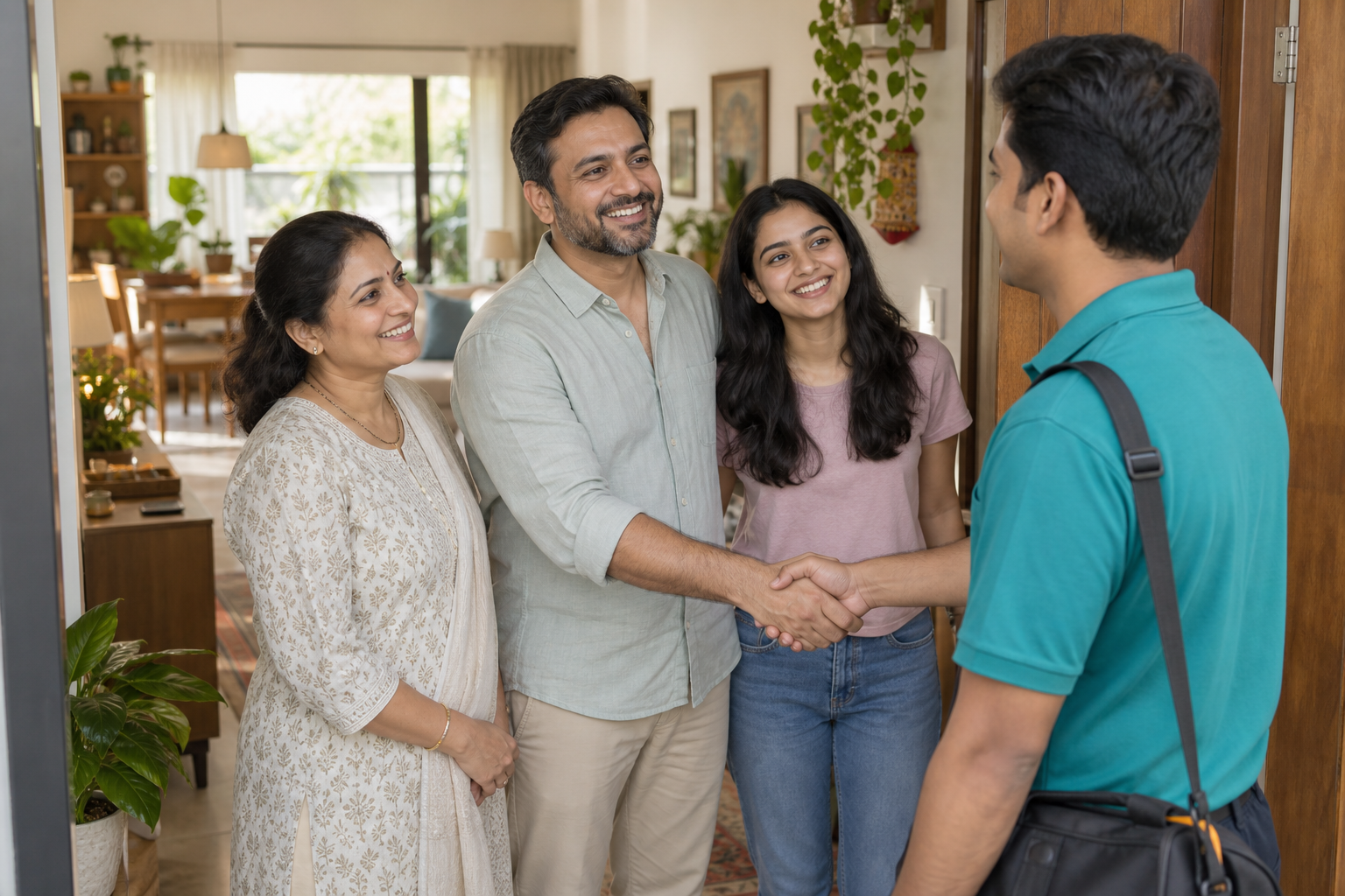 Indian family welcoming an Ooroda home-service professional at their home